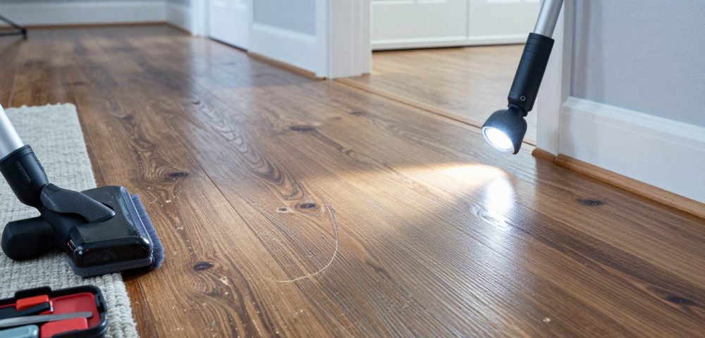 Post-holiday hardwood floor checkup (spot grit scratches, heel dents, and finish wear)