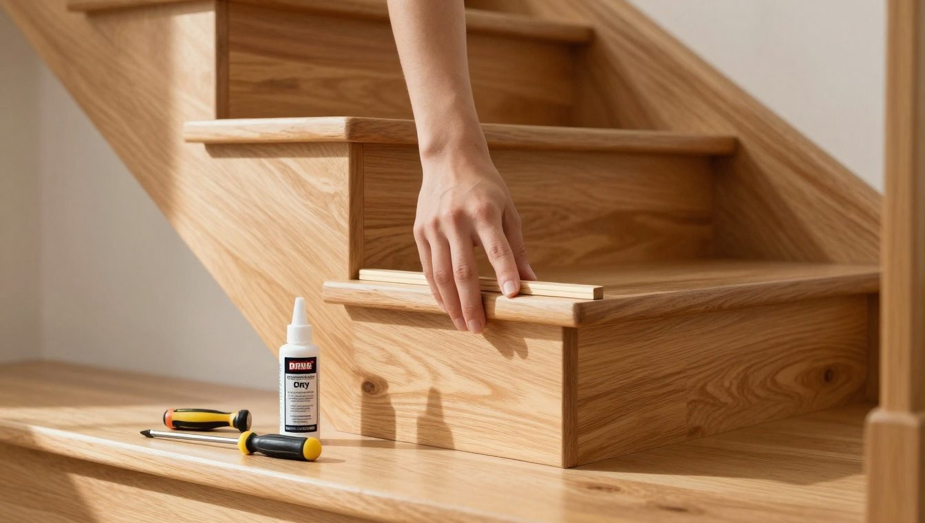 Fixing squeaky hardwood stairs with simple shims and lubricants (tools, steps, prevention).