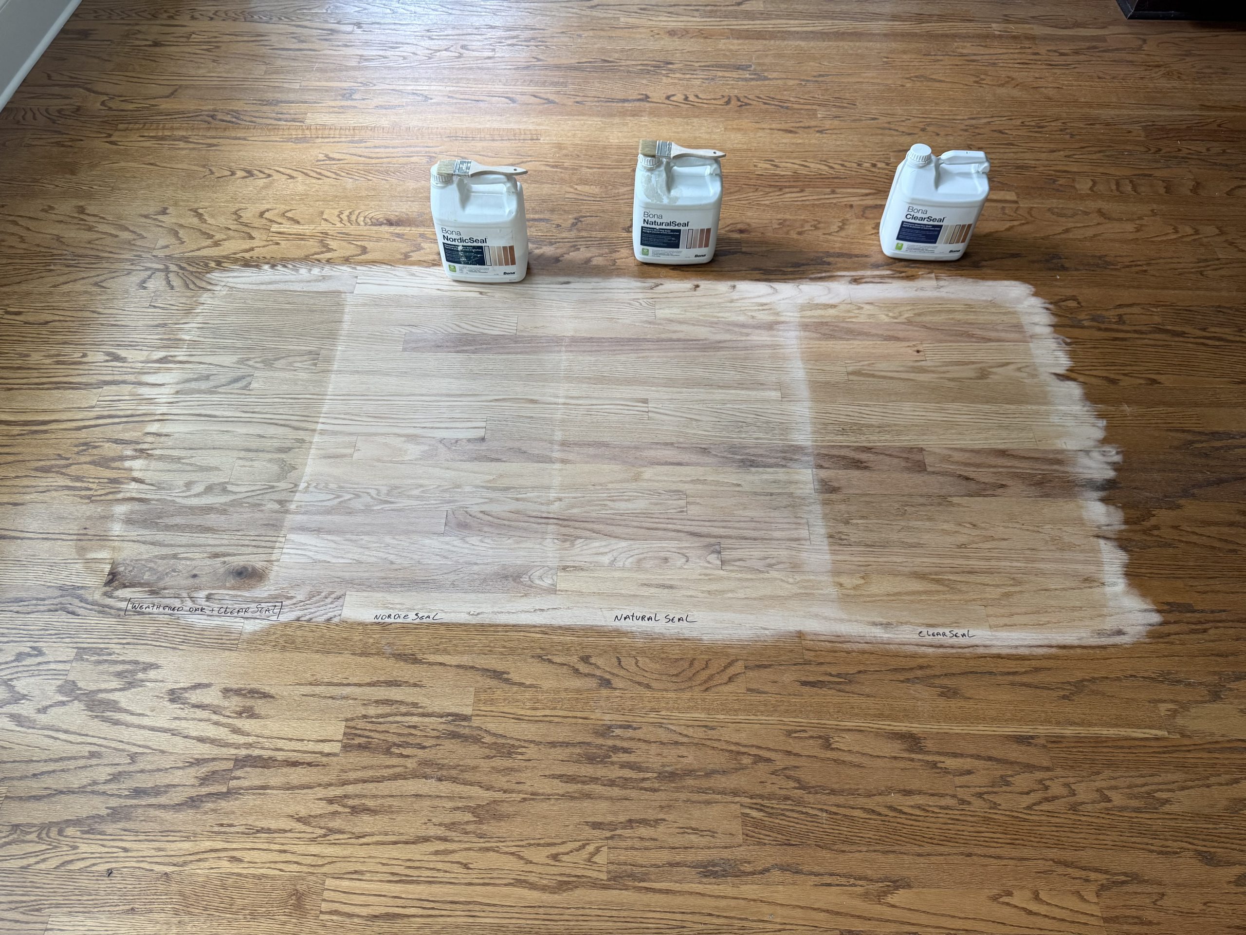 Water or oil based poly Sample stains on wood floor