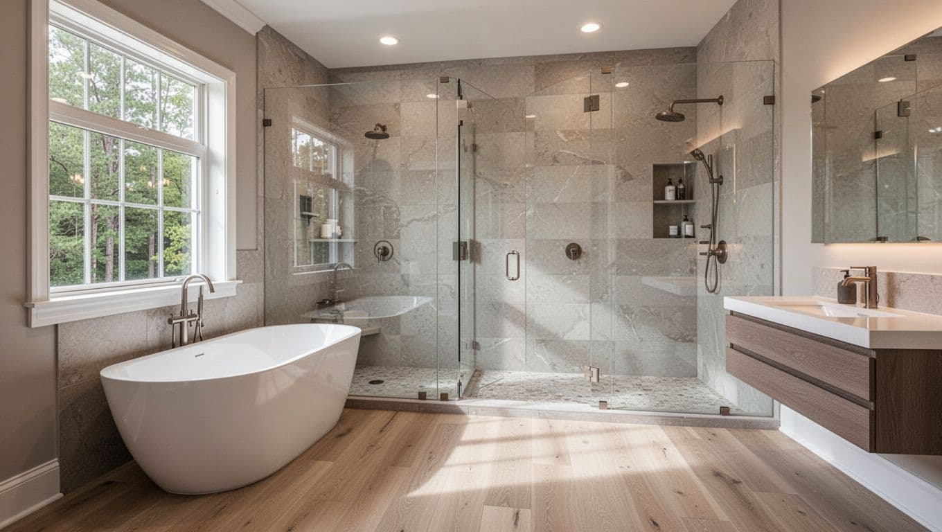Photorealistic luxury bathroom in upscale Alpharetta Georgia home with 2026 trends, featuring freestanding oval tub, separate walk-in shower with frameless glass enclosure, large porcelain tiles, floating vanity, neutral greige palette, waterproof light oak flooring, warm lighting and natural window light.