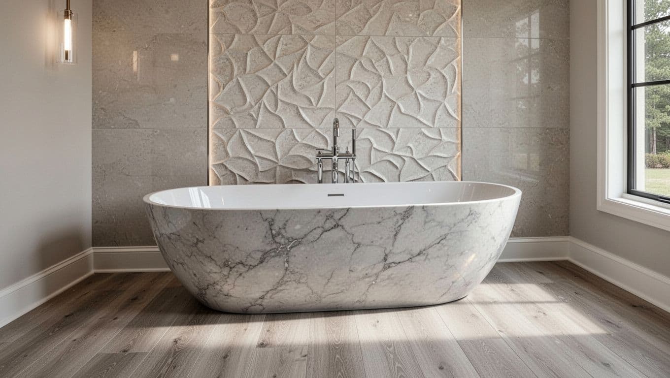 Photorealistic high-end luxury freestanding oval tub in an upscale Alpharetta Georgia home showcasing 2026 design trends with spa-like minimal decor, textured tile walls, soft neutral palette, polished stone surfaces, and elegant light oak greige flooring.