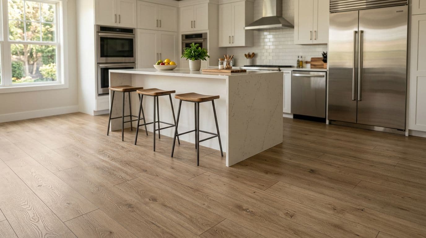 Waterproof luxury vinyl plank LVP flooring in neutral light brown wood-look with embossed texture in a modern kitchen. Features island counter, stools, appliances in background, wide planks, matte finish, photorealistic landscape view.
