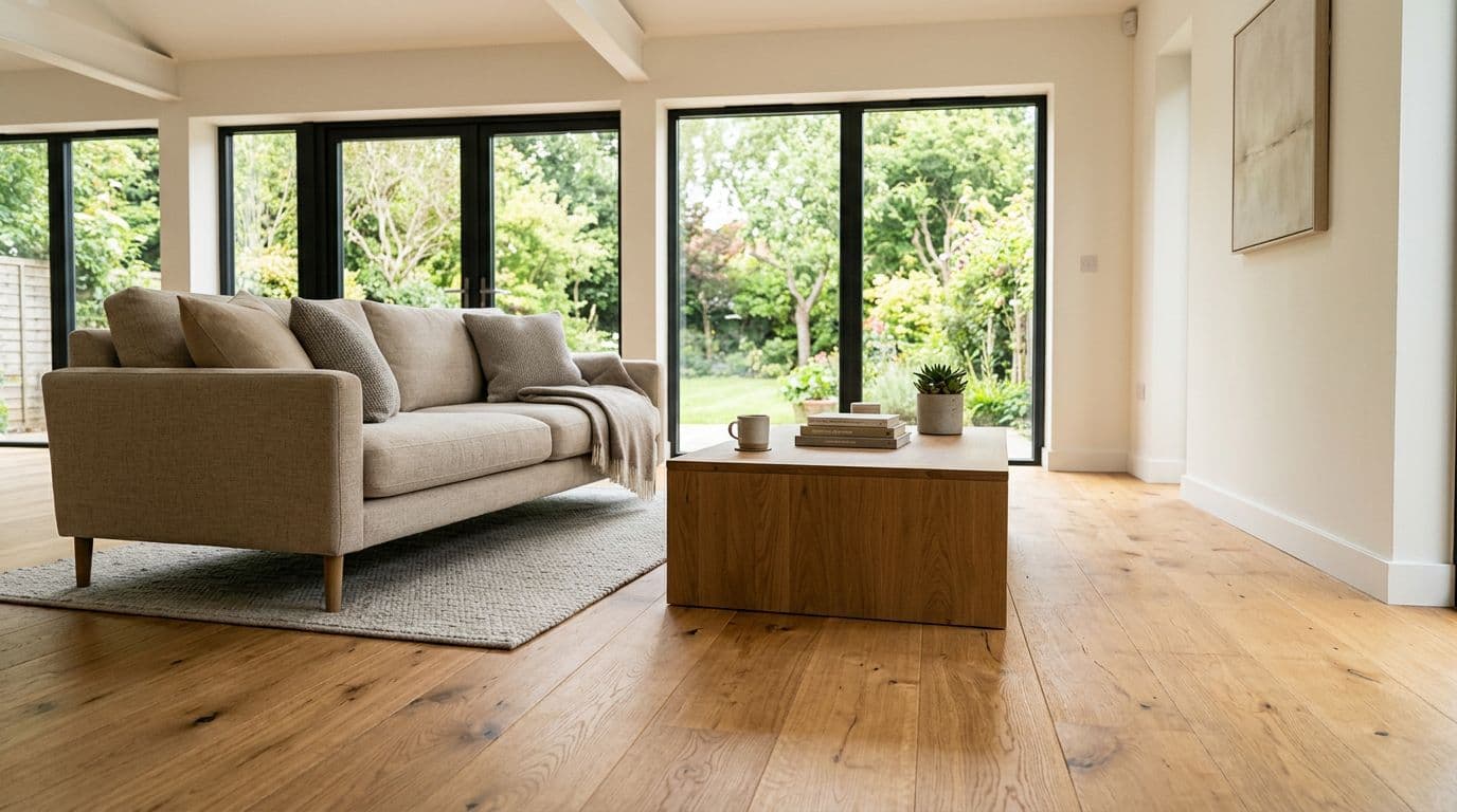 Warm mid-tone oak engineered hardwood floor with wide planks and matte finish in a bright, open living room featuring natural light, one sofa, and one coffee table.