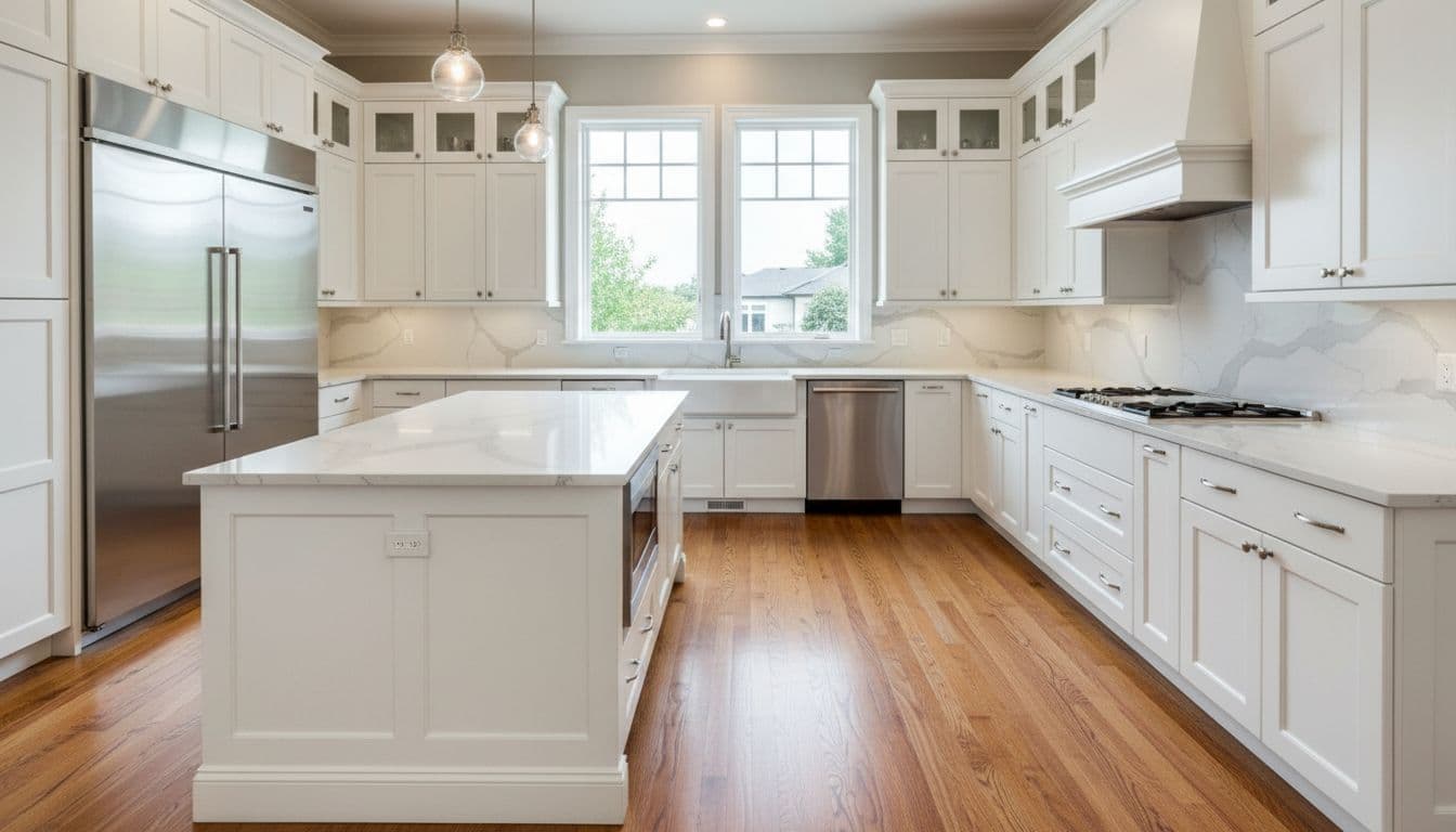 Spacious modern kitchen with white shaker cabinets, quartz countertops, stainless appliances, hardwood flooring, and large windows.