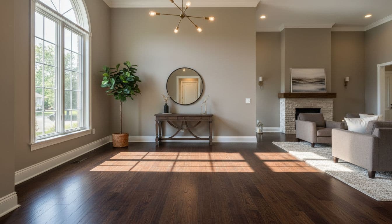 Dark-stained engineered hardwood planks cover the floor of a sunlit residential entryway. The sophisticated wood grain continues seamlessly into a bright living room, reflecting warmth and a high-end design aesthetic.