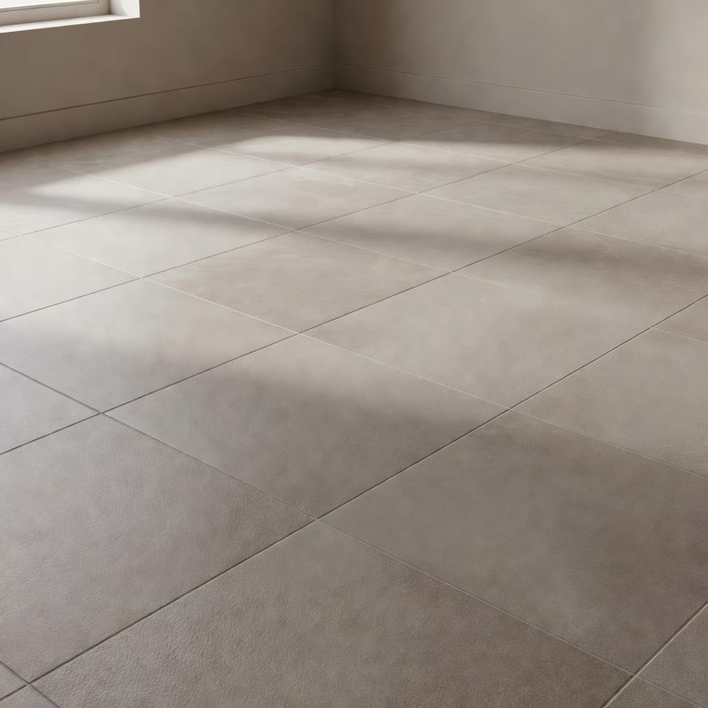 High-quality matte porcelain tiles cover the bathroom floor with a subtle, textured finish designed for safety. Bright natural sunlight streams from a nearby window, enhancing the elegant and soft aesthetic.