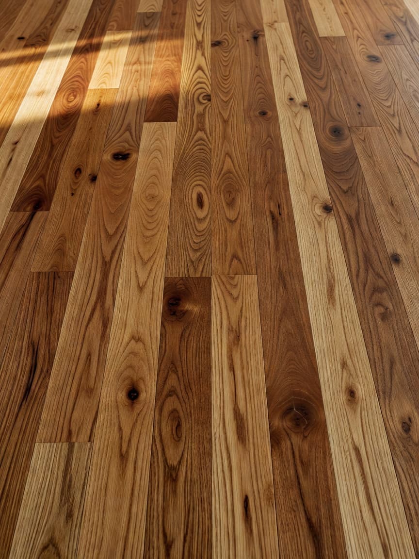Detailed view of interconnected oak hardwood floor planks showing intricate natural wood grain patterns and variations in wood tone. Warm ambient lighting highlights the smooth sanded surface and fine texture details.