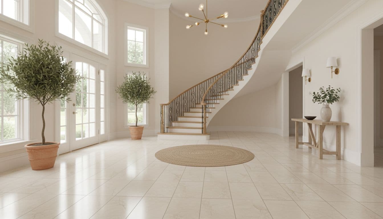 Large format porcelain tiles with subtle stone veins cover the front entryway floor. Soft natural light streams through the door, highlighting the clean, modern aesthetic of this elegant Southern home interior.