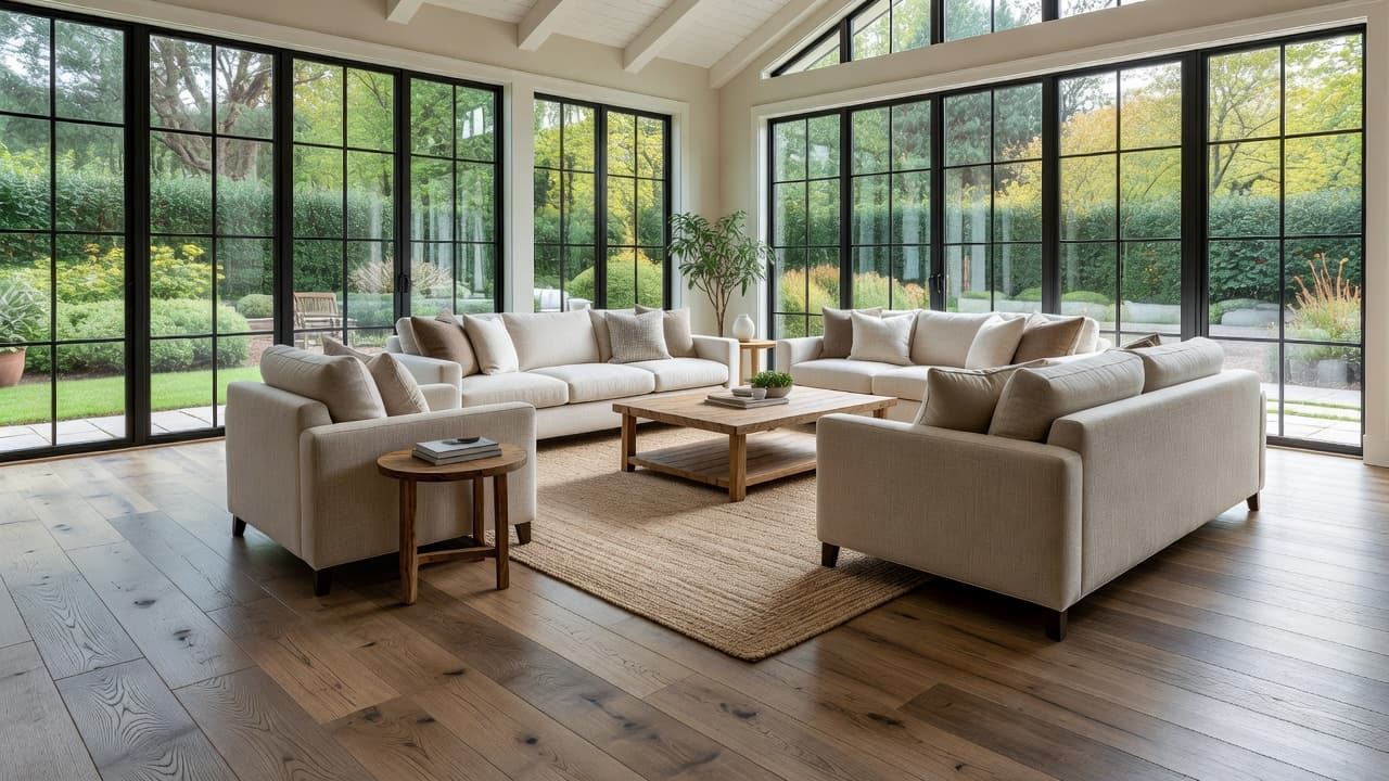 Large windows flood this elegant sunroom with natural light, highlighting the realistic wood grain textures of high-end luxury vinyl plank flooring laid across the bright, temperature-controlled living space.