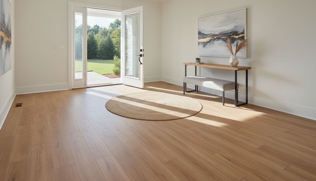 A spacious front foyer features light-toned oak luxury vinyl planks stretching toward an open door. The minimalist white walls and soft natural sunlight highlight the realistic wood grain of the floor.