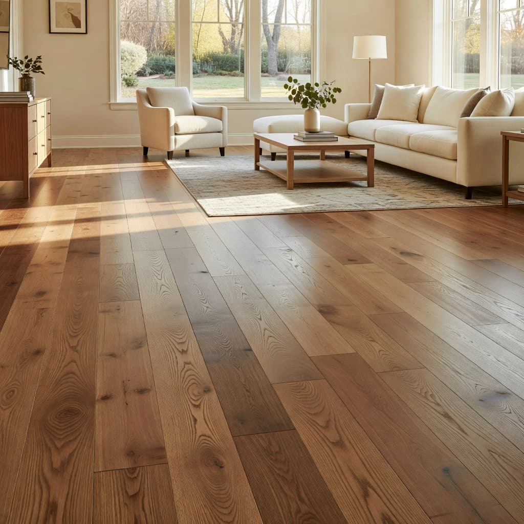 Sunlight streams across wide-plank hardwood floors in this spacious living area. Elegant furniture and soft decor highlight the rich wood grain textures found throughout this contemporary residential Alpharetta home interior.