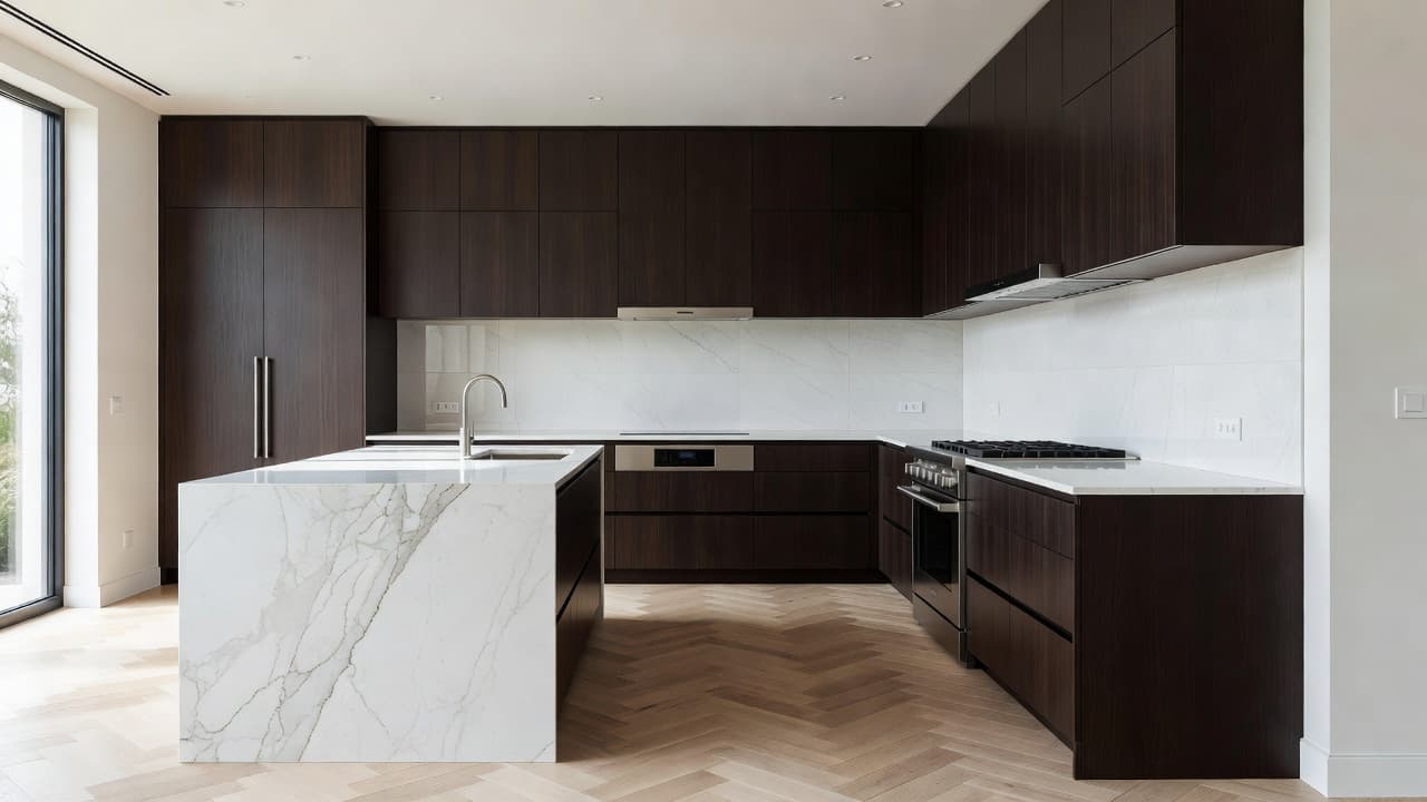 A spacious kitchen features marble countertops, stainless steel appliances, and sleek dark cabinetry illuminated by soft daylight. A kitchen island sits in the center atop polished hardwood flooring with clean architectural lines.