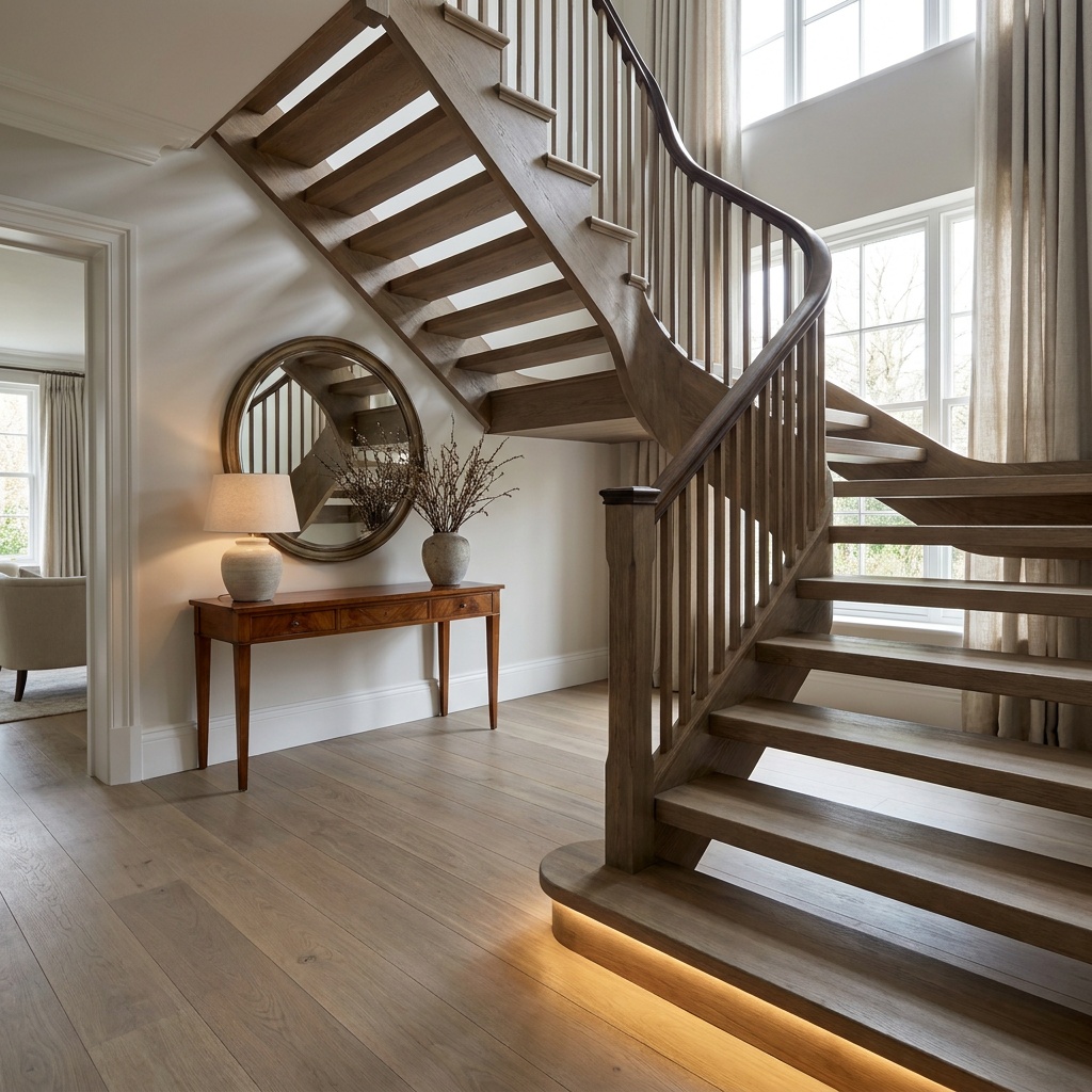 A furnished foyer with an elegant hardwood staircase featuring matte natural wood grain treads and risers, warm ambient light