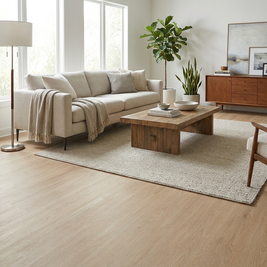 Elegant furnished living room with realistic wide-plank luxury vinyl plank flooring, Alpharetta GA