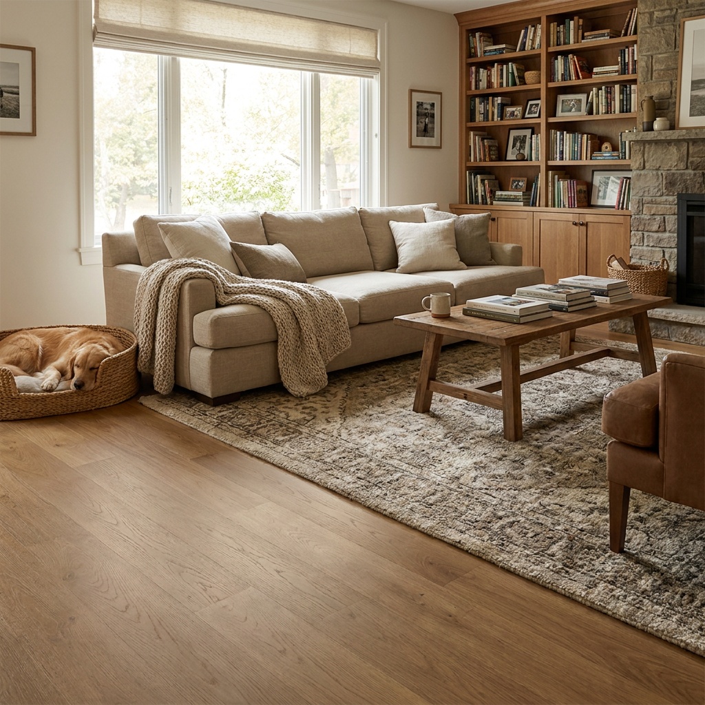 A warm inviting fully furnished family room with mid-tone hardwood flooring in a forgiving natural color, subtle matte grain,