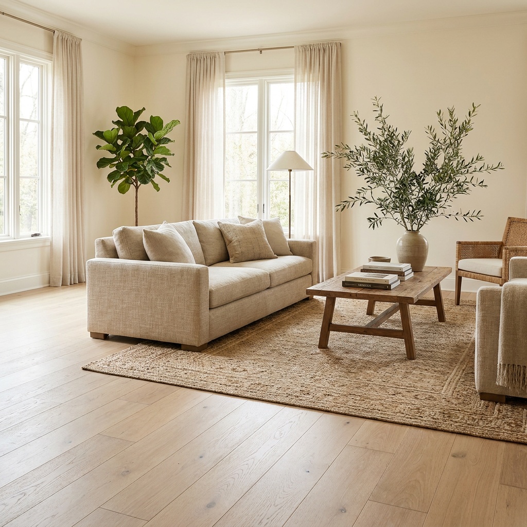 An elegant fully furnished living room with beautiful wide-plank white oak hardwood flooring across the foreground, subtle re