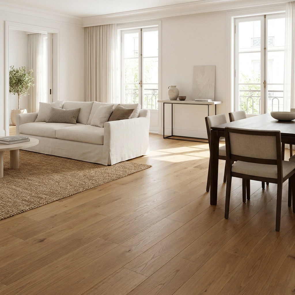 An elegant open-plan living and dining space with warm wide-plank hardwood flooring, furnished with a sofa, dining table and
