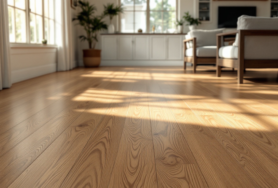 Refinished red oak floors with warm natural stain in a family room