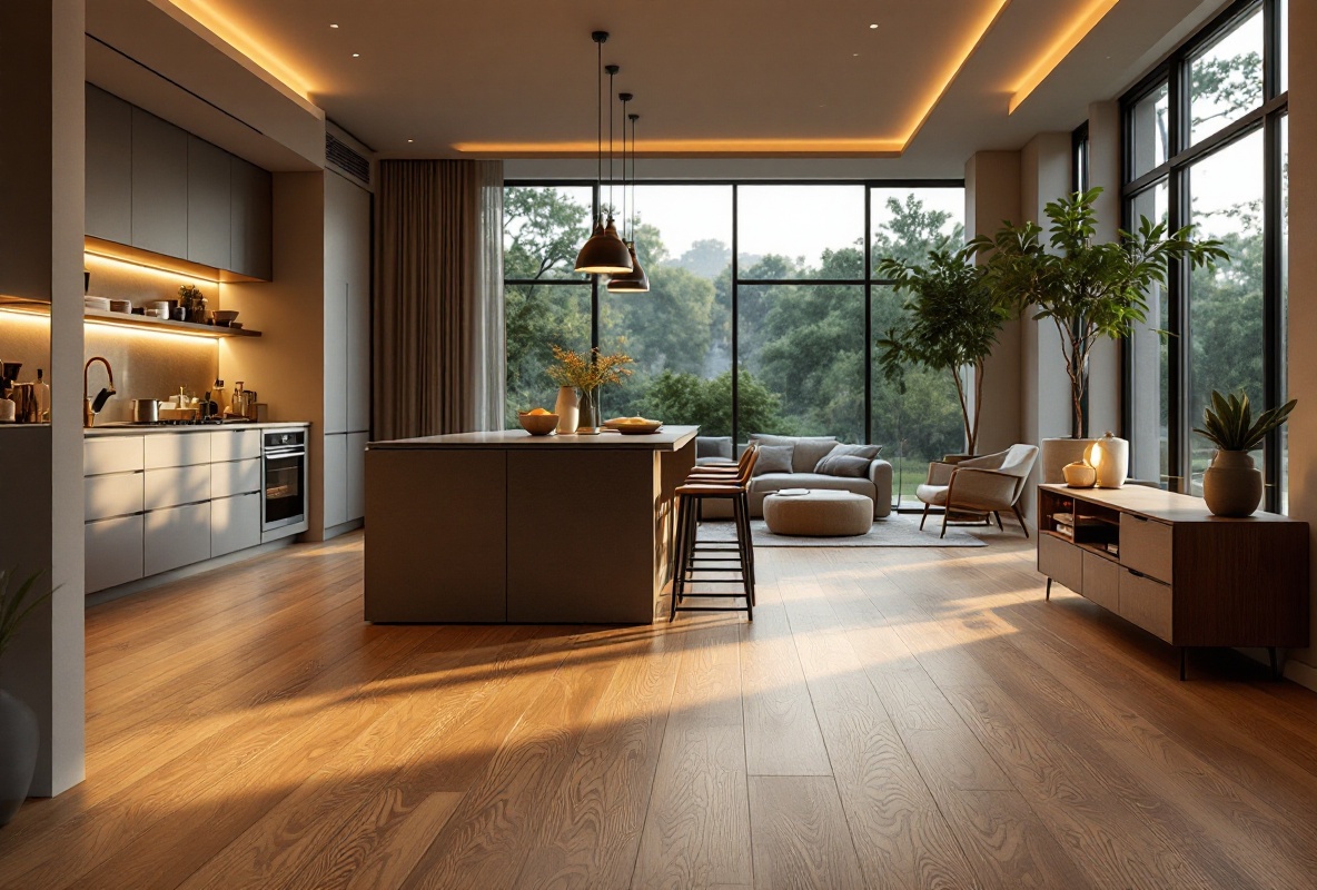 Wide-plank white oak flooring with matte finish in an open-plan main level