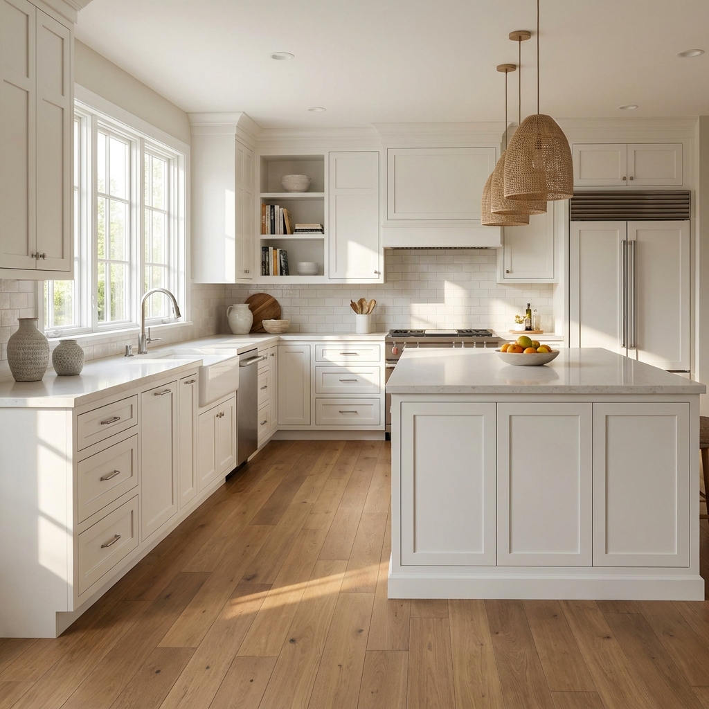 A finished, fully furnished elegant kitchen with warm matte wood-grain flooring, white shaker cabinets, quartz countertops, p