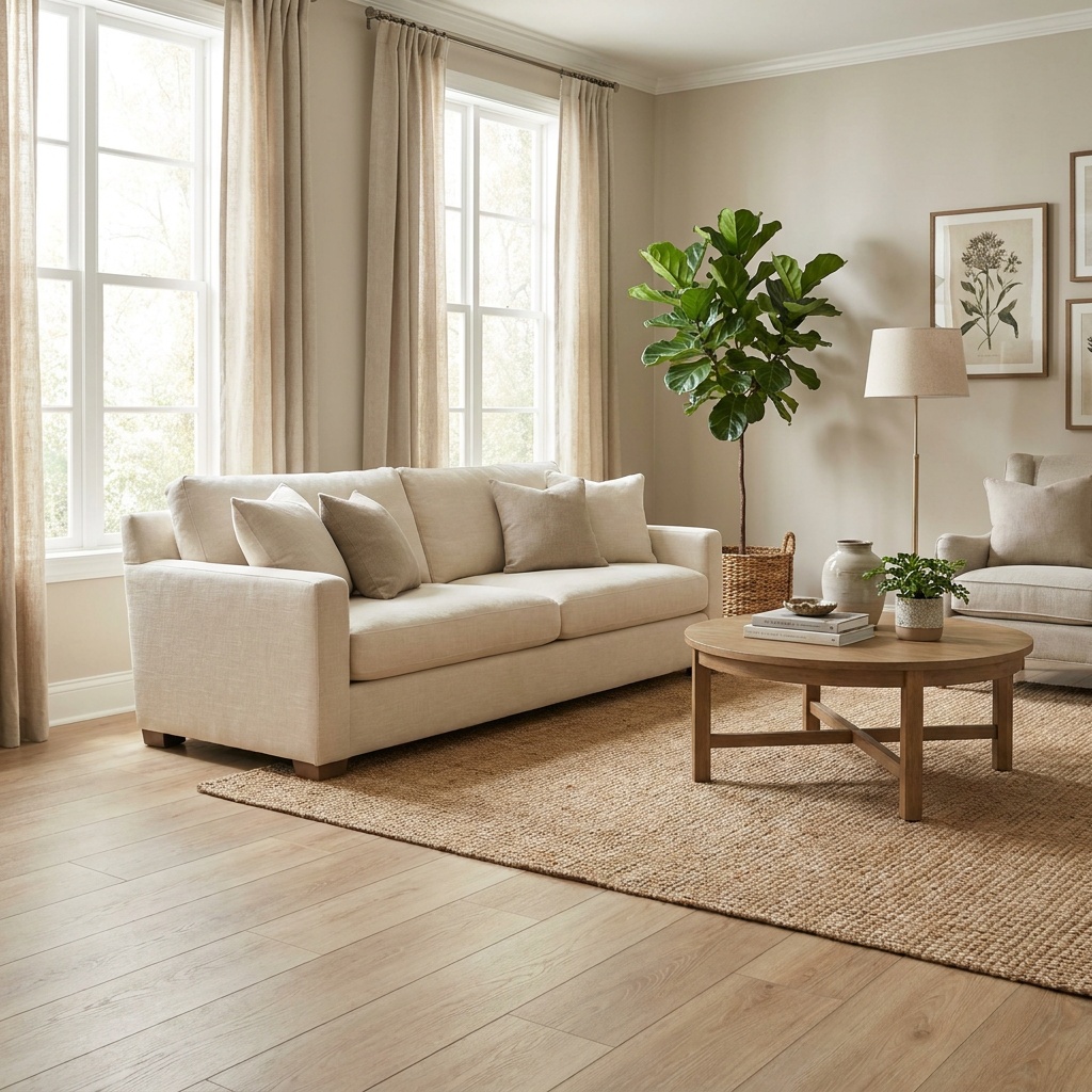 An elegant furnished living room with realistic light-oak luxury vinyl plank flooring across the foreground, subtle matte gra