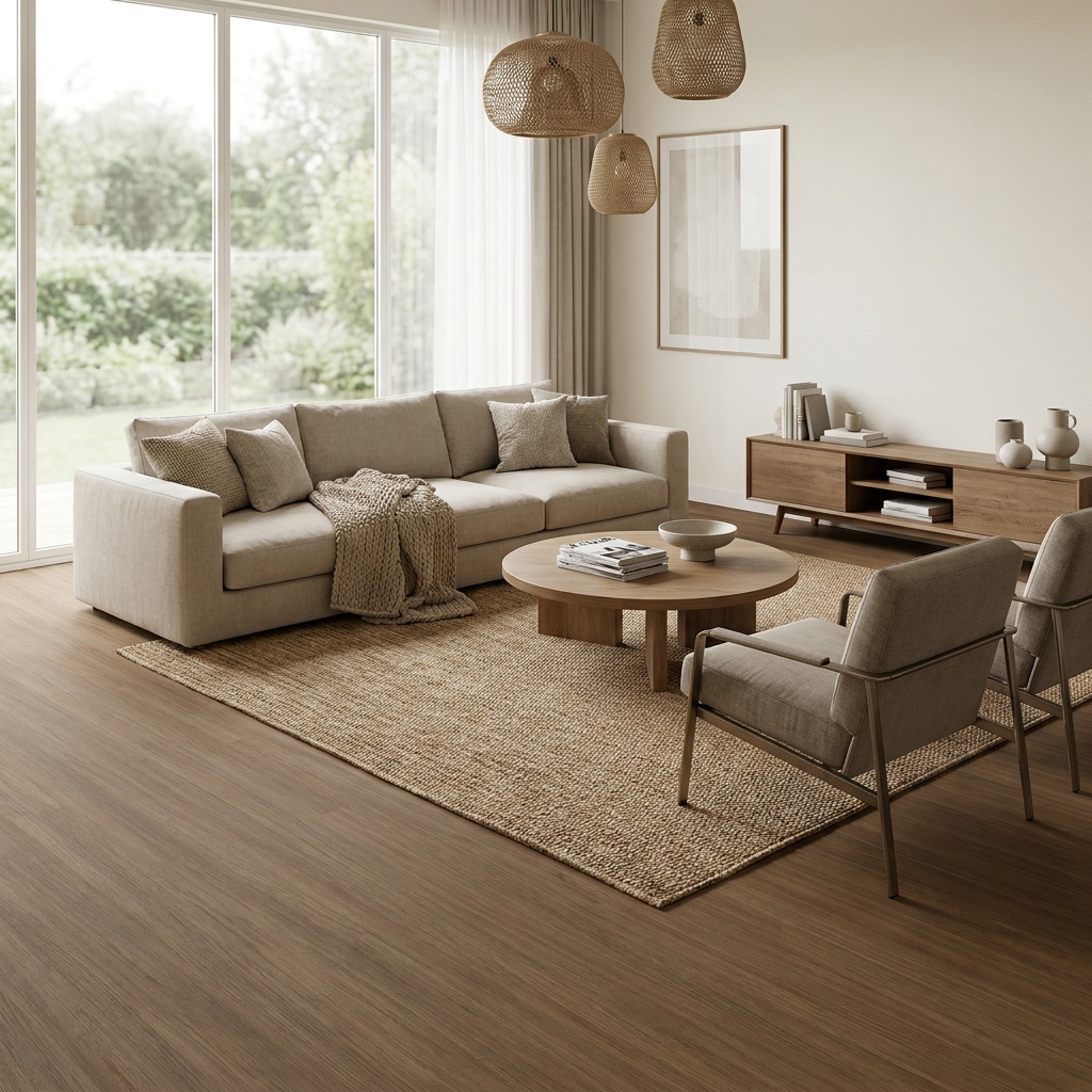 A furnished contemporary living room with matte, realistic wood-look luxury vinyl plank flooring in a warm brown tone, a neut