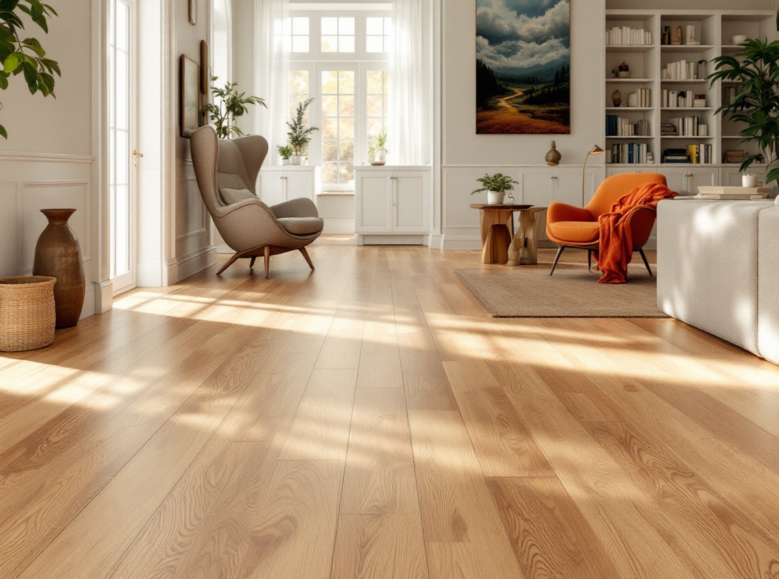 Refinished red oak floor in a Milton family room, warm natural stain with a matte water-based finish