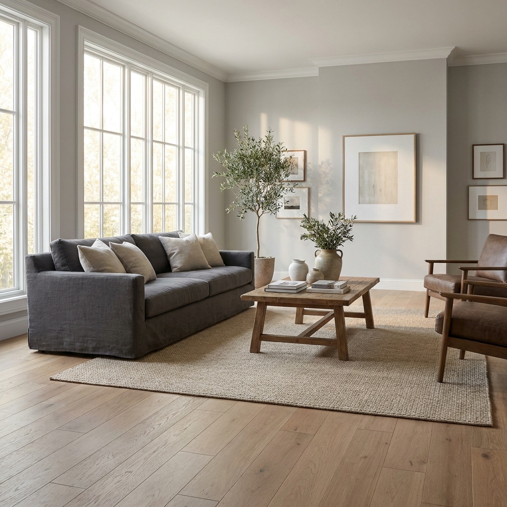 A furnished living room with freshly painted soft-gray walls and elegant matte oak hardwood flooring with subtle wood grain,