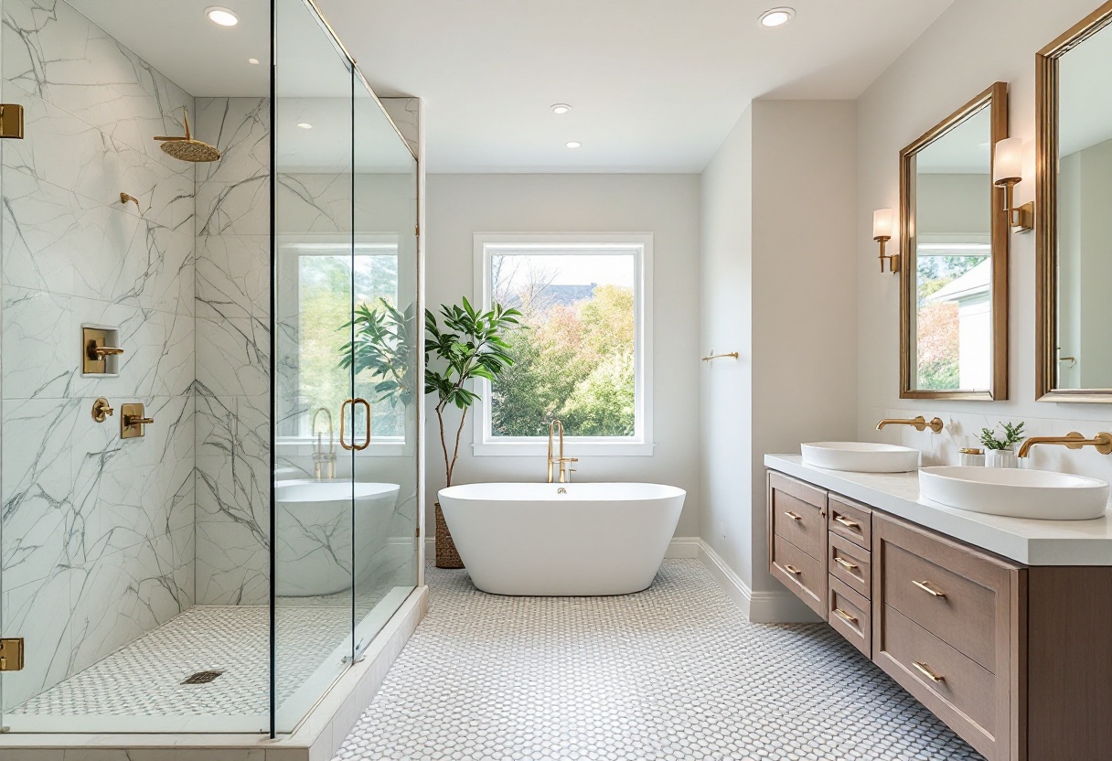 Remodeled Alpharetta bathroom with a marble-tile walk-in shower, mosaic floor tile, freestanding soaking tub, dual floating vanities, and brushed-gold fixtures