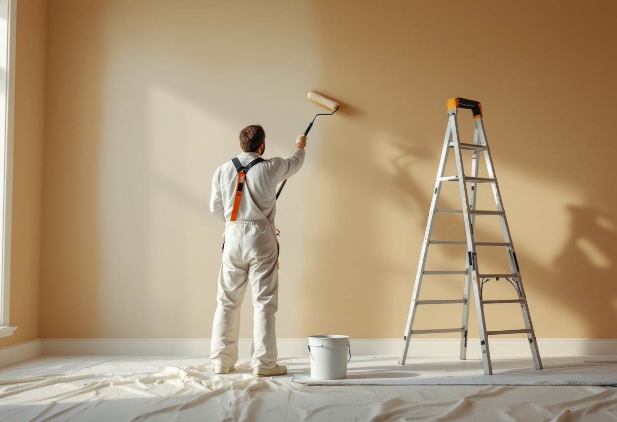Interior of an Alpharetta home being repainted — fresh warm-neutral wall color rolled over an older tone, trim taped off, drop cloths over the hardwood floor