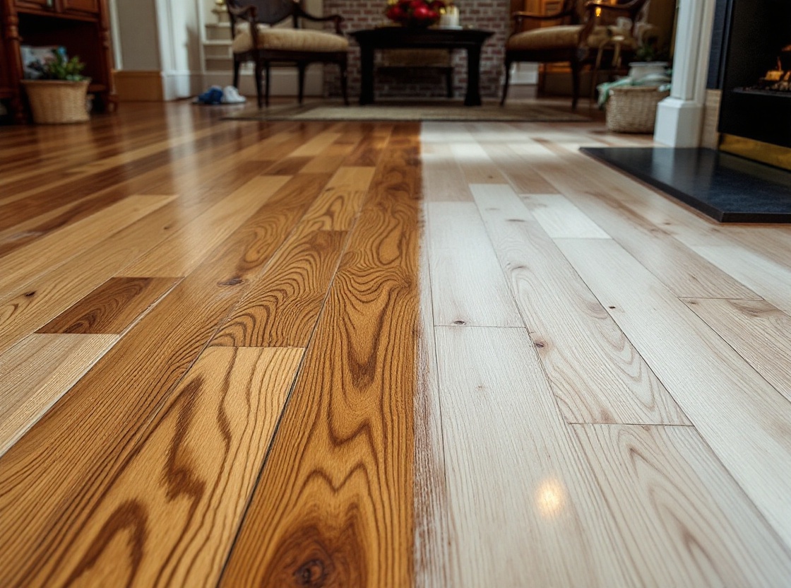 Sanded red oak strip flooring being refinished in a Roswell living room