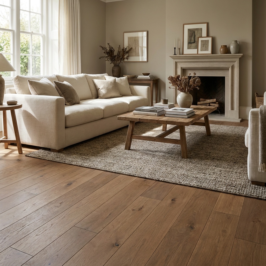 An elegant furnished living room with character-grade hardwood flooring showing natural knots and warm grain variation, a sof