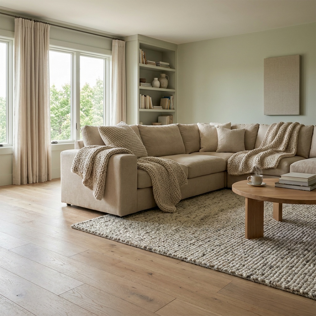A cozy quiet fully furnished upstairs living room with plush neutral carpet and a soft area rug, a comfortable sofa, soft war
