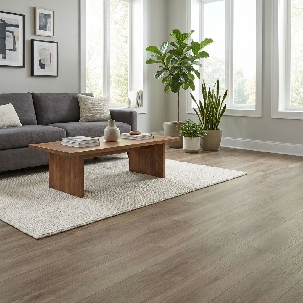 A modern furnished living room with realistic wood-look luxury vinyl plank flooring, subtle matte grain, a sofa, wood coffee