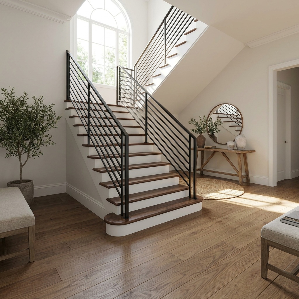 A finished staircase with solid hardwood treads, crisp white risers, a clean rounded nosing edge and a black metal railing, i