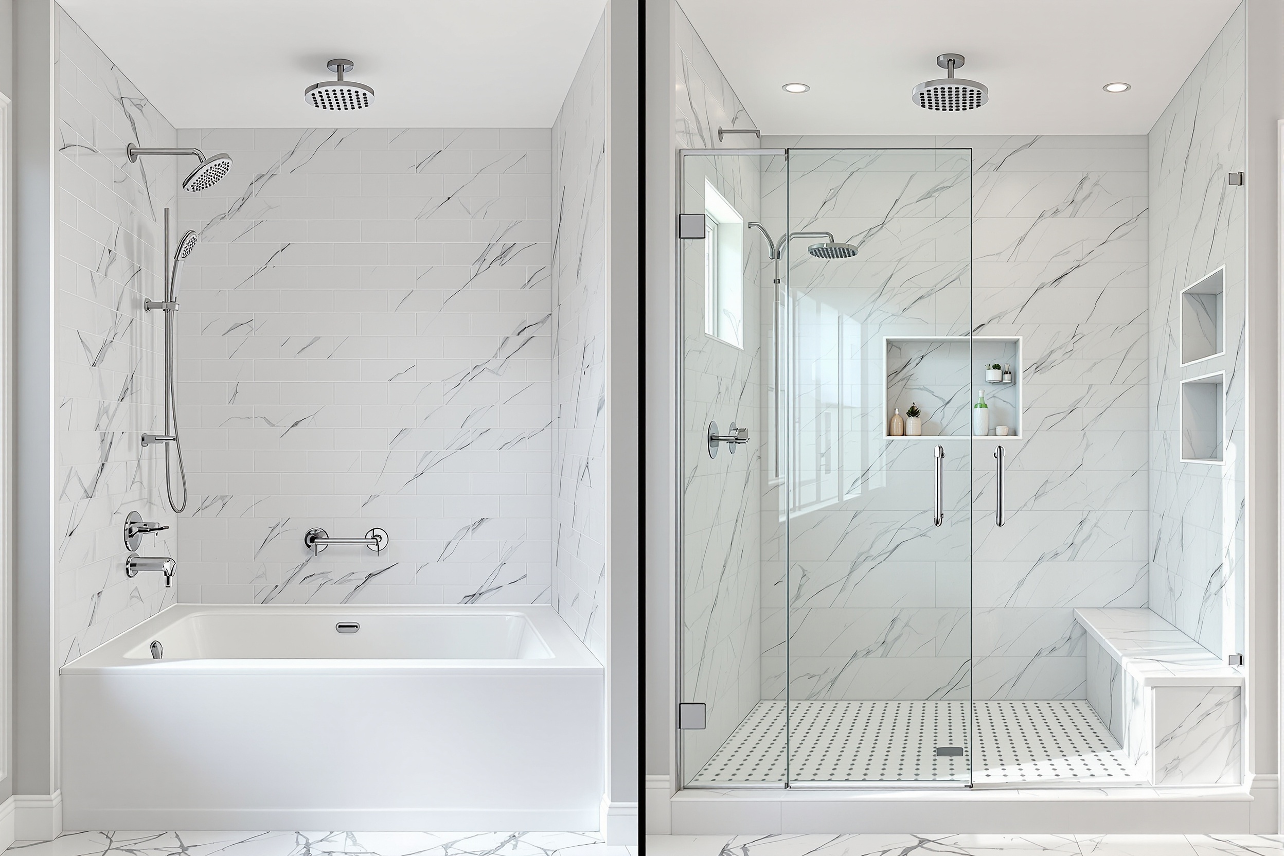 Tub-shower combo compared with a walk-in shower with fixtures in a modern Alpharetta bathroom