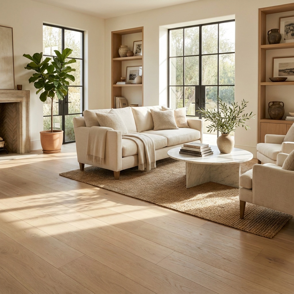 An elegant furnished living room with beautiful wide-plank white oak hardwood flooring in a warm natural tone, subtle realist