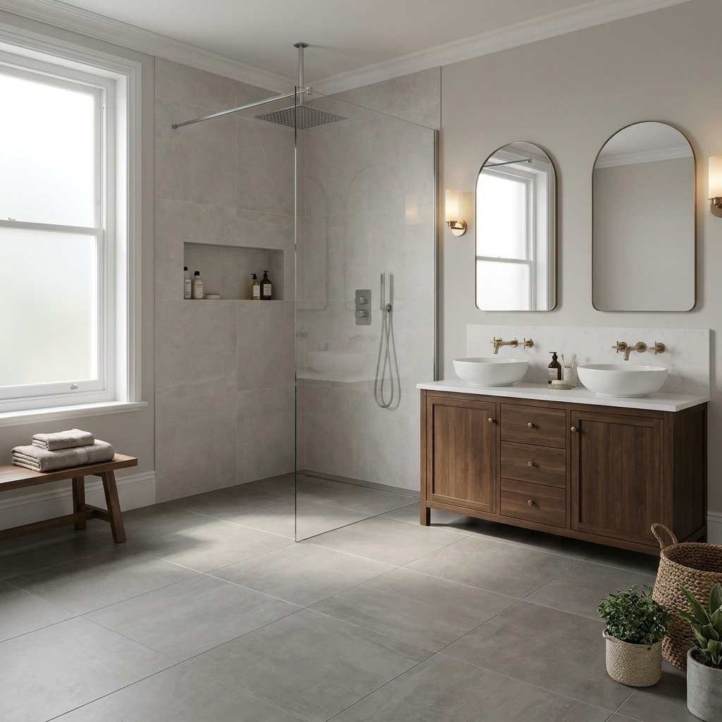 A finished, elegant bathroom with a walk-in shower featuring a rain showerhead, thermostatic control valve, and tiled shampoo