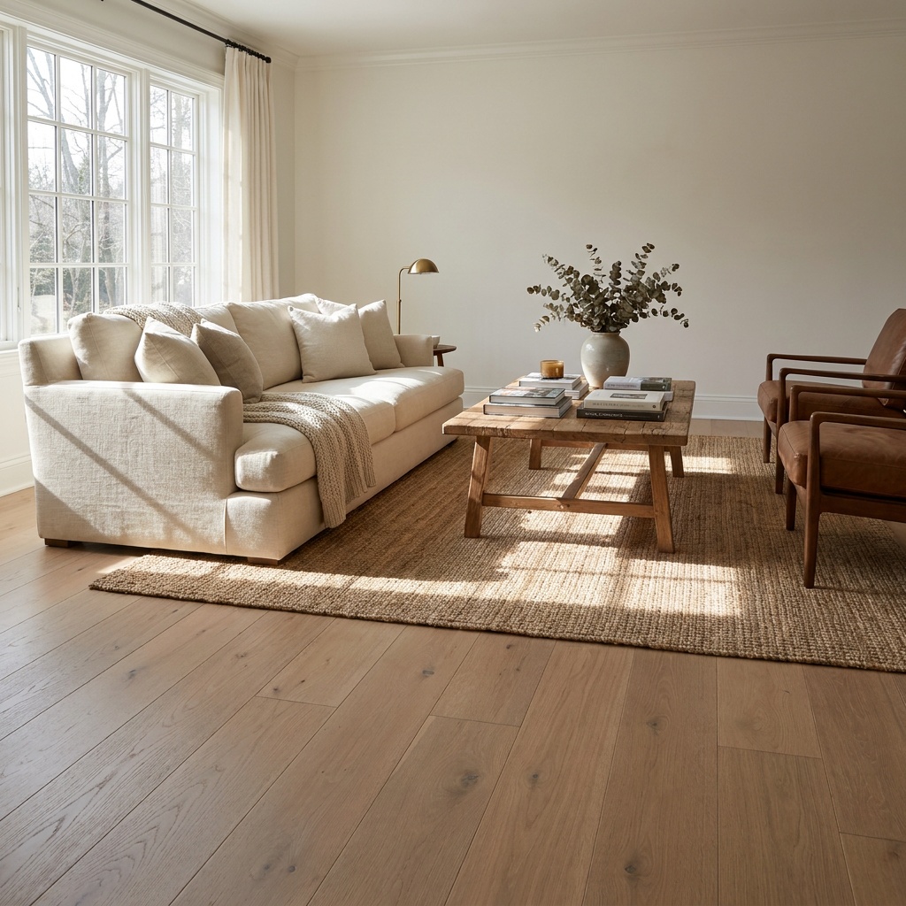 A furnished living room with wide matte-finish oak hardwood floors, subtle natural grain, an area rug, a sofa, and soft after