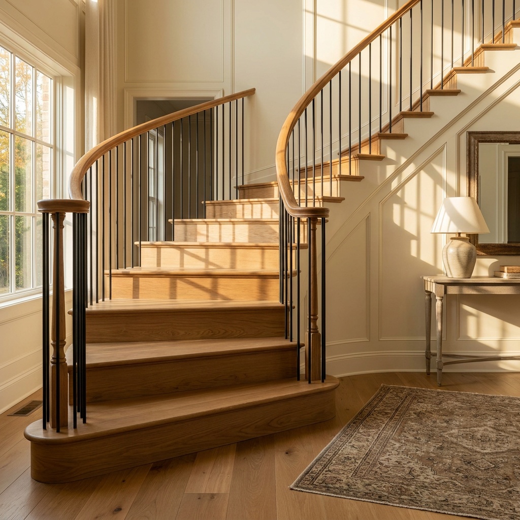 A finished, furnished foyer staircase with warm oak treads, slim matte black iron balusters, a curved wood handrail, soft aft