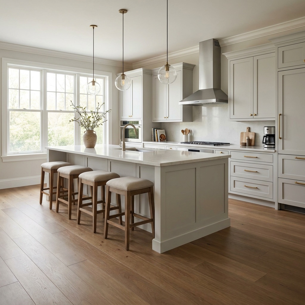 A finished, elegantly furnished kitchen with a large center island topped in light quartz, warm matte wood-grain flooring, pe