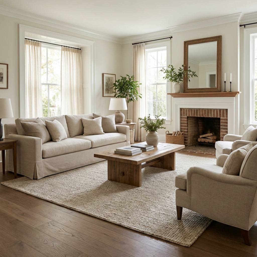 A furnished Georgia living room with soft eggshell-painted walls, white semi-gloss trim, a matte medium-brown hardwood floor