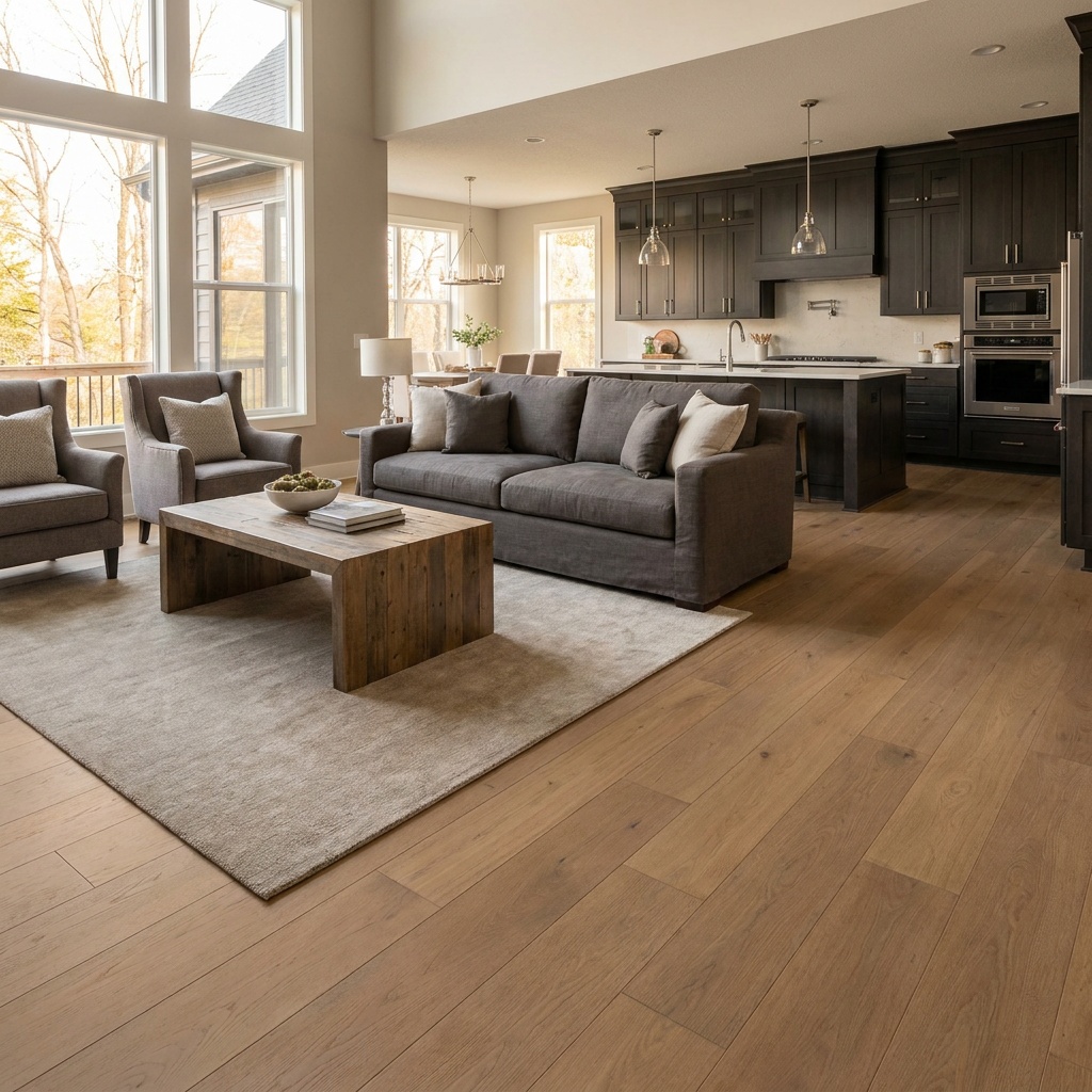 A furnished open-concept living and kitchen space with warm matte wood-grain flooring, subtle natural grain texture, soft aft