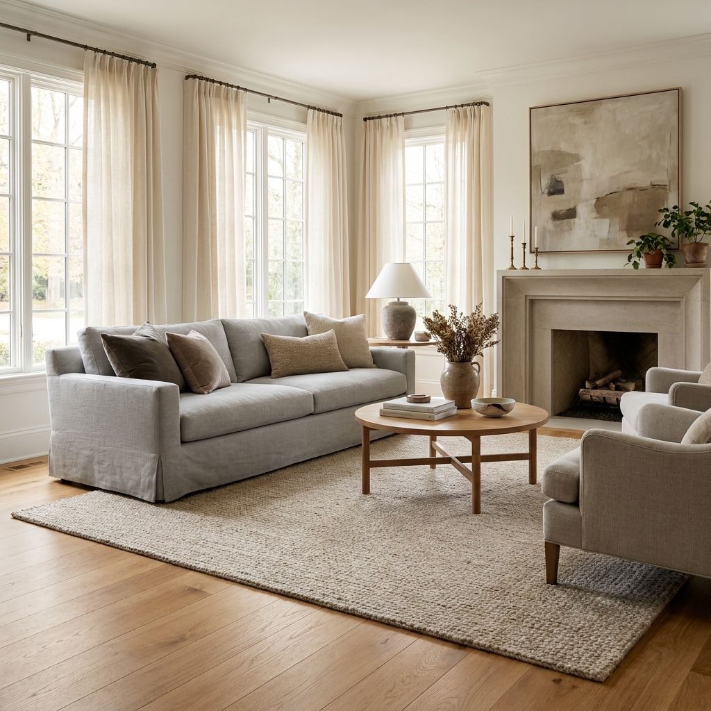 A sunlit, elegantly furnished living room with warm honey-toned hardwood floors showing subtle matte wood grain, a plush area