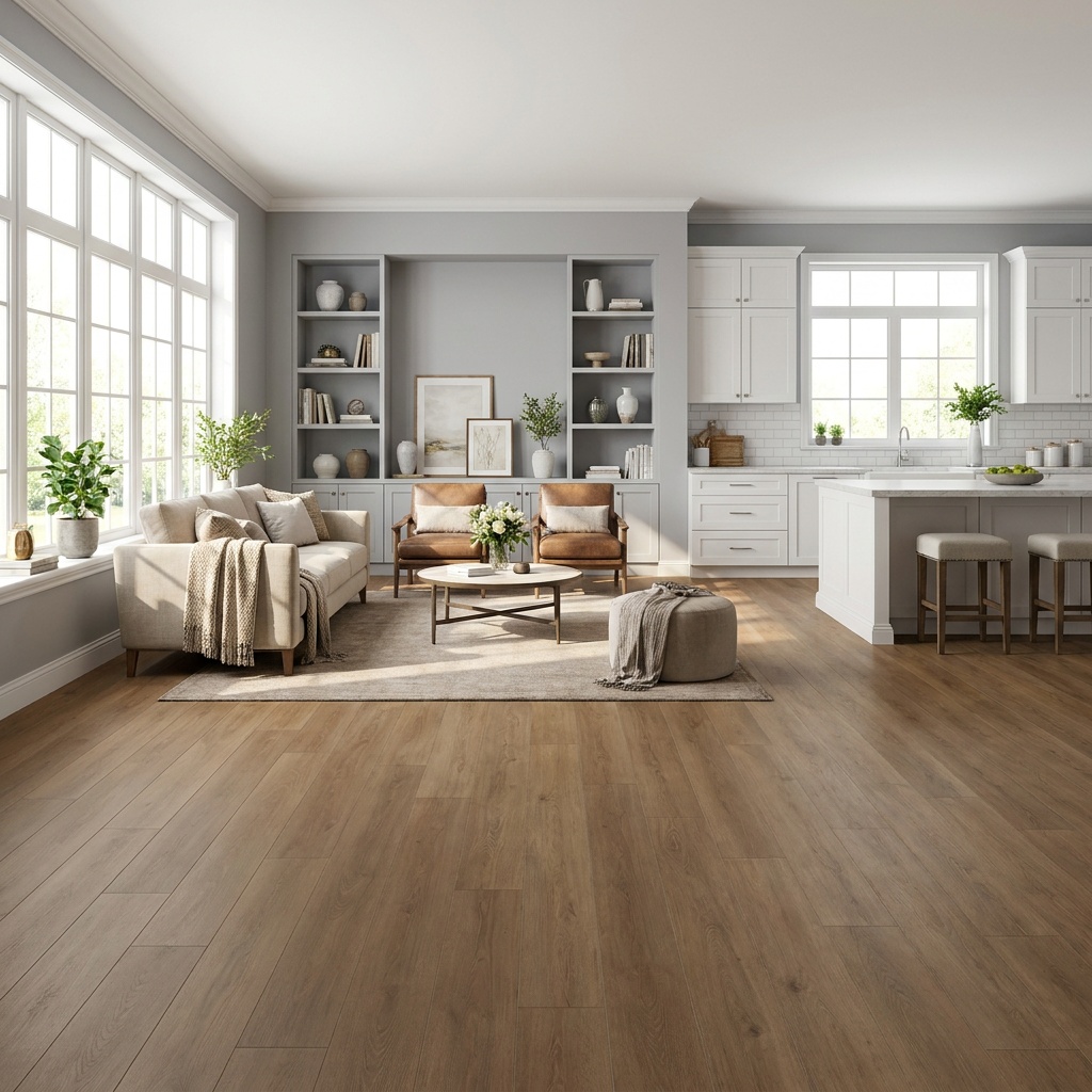A finished, furnished open-concept living and kitchen space with warm matte wood-grain floors, freshly painted soft gray wall