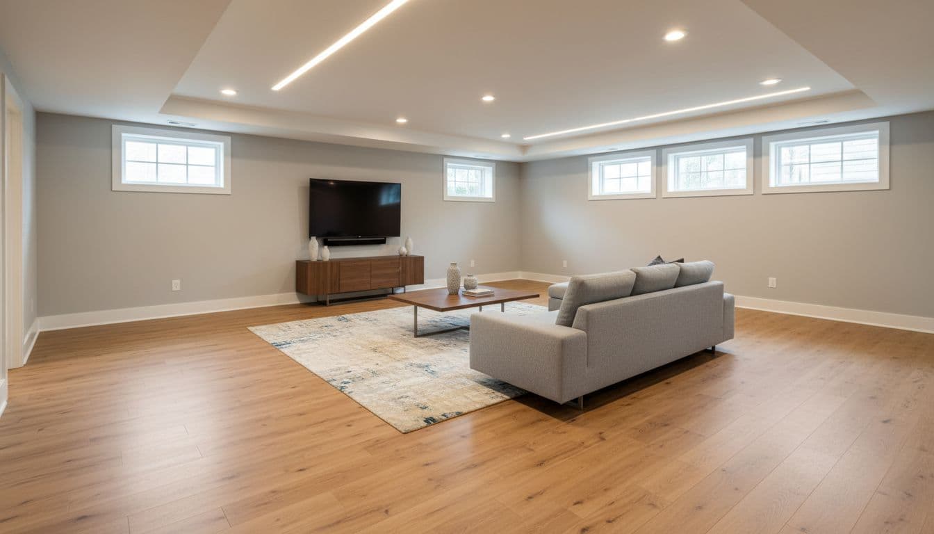Photo-realistic high-end finished basement interior in an Alpharetta Georgia home featuring luxury vinyl plank LVP flooring in warm natural oak tones on a clean concrete slab subfloor. Open rec room with modern sofa, coffee table, entertainment center, bright architectural lighting, wide-angle style, crisp high detail, natural warm colors, no people or text.