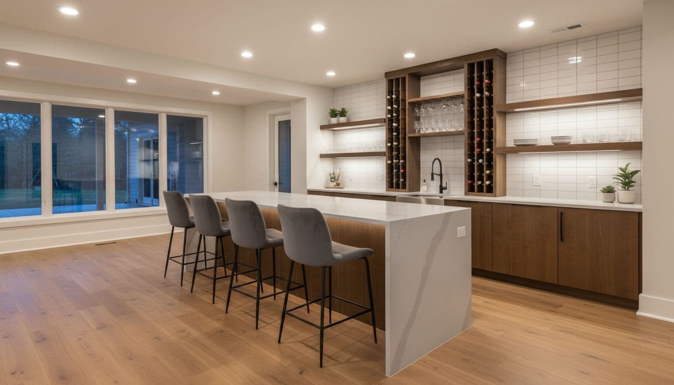 Photo-realistic elegant finished basement kitchenette bar area in an Alpharetta Georgia home featuring luxury vinyl plank LVP flooring in warm oak tones on concrete slab, modern bar counter, stools, wine rack, sink, open shelves, bright lighting, upscale design.