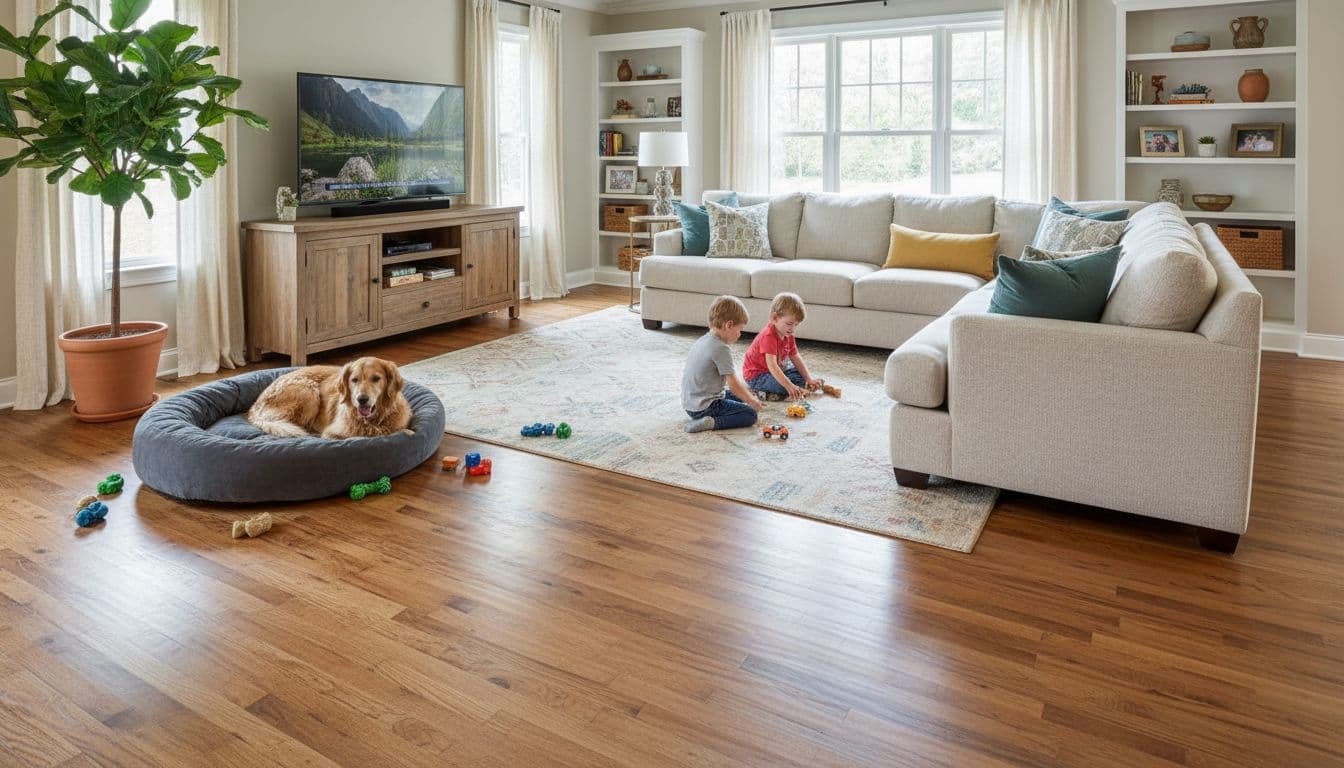 Family room with durable hardwood and pet-friendly setting