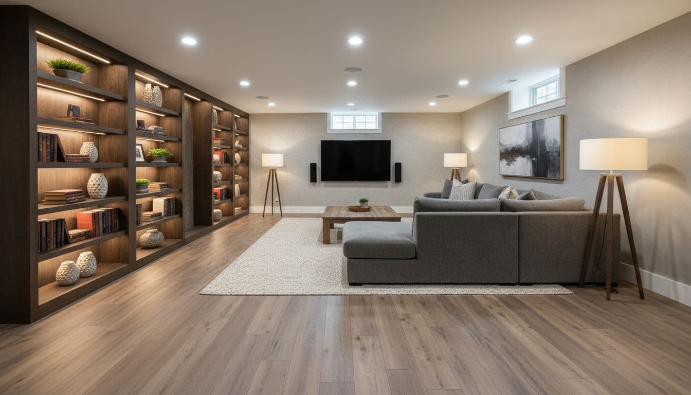 Photo-realistic high-end finished basement interior in Alpharetta, Georgia, with premium laminate planks featuring realistic wood grain and matte finish on concrete subfloor, cozy family room setup including sectional sofa, rug, bookshelves, and lamps.