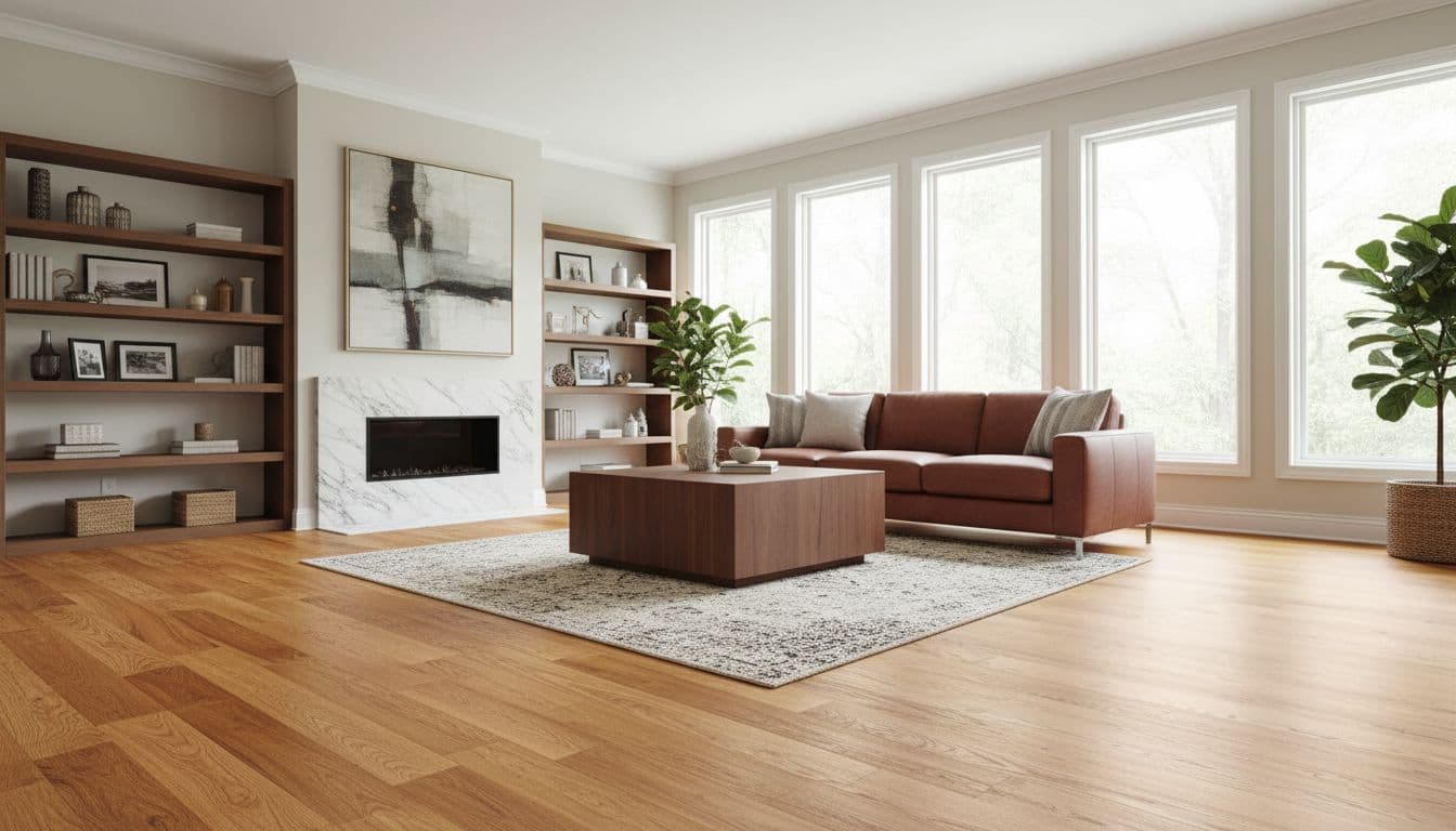 Photorealistic interior of a high-end Alpharetta living room featuring premium engineered hardwood flooring with natural oak grain textures, spacious open layout, large windows with natural daylight, refined leather sofa, and wooden coffee table.